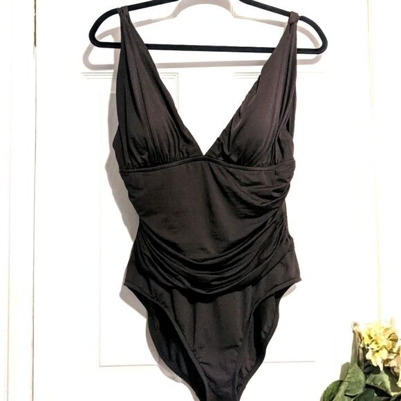 La Blanca Draped Plunging One Piece Swimsuit Brown - Picture 1 of 7
